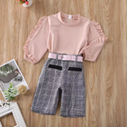 Srping And Autumn New Children's Outfit Sets Pink Long-Sleeved Wooden Ear T-Shirt Shirt Plaid Three-Piece Belt​