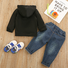 130CM Boys 6 Years Outfit Sets Black Hooded Jacket Dark Blue Ripped Jeans