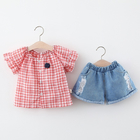 39in Plaid Suit Cute Children'S Outfit Sets Clothes Denim Shorts Oem Short Sleeved