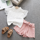 White Pink 21.5in Short Sleeve Short Set White Ruffle Shirt