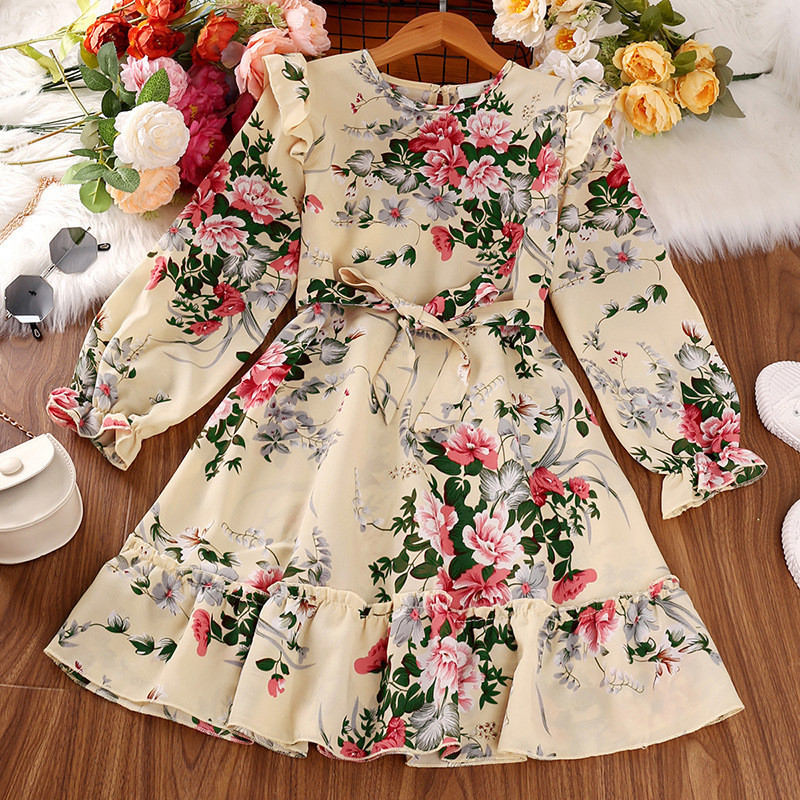Spring Children'S Clothing Girls Long Sleeve Dress Vintage Floral Print Dress