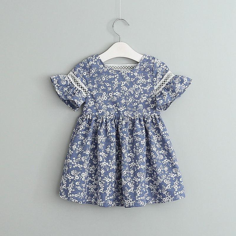 Summer Children'S Clothing Girls' Cotton Printed Floral Dress Girls Lace Dress