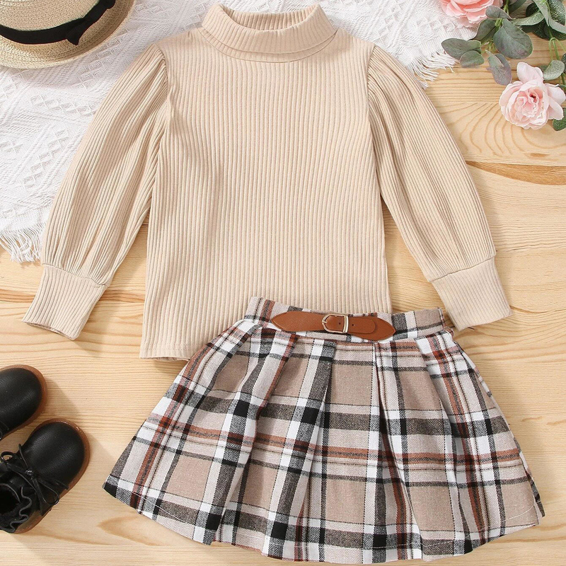 Children'S Outfit Sets Girls Plaid Skirt Suit Mid-High Collar Pullover Skirt Suit