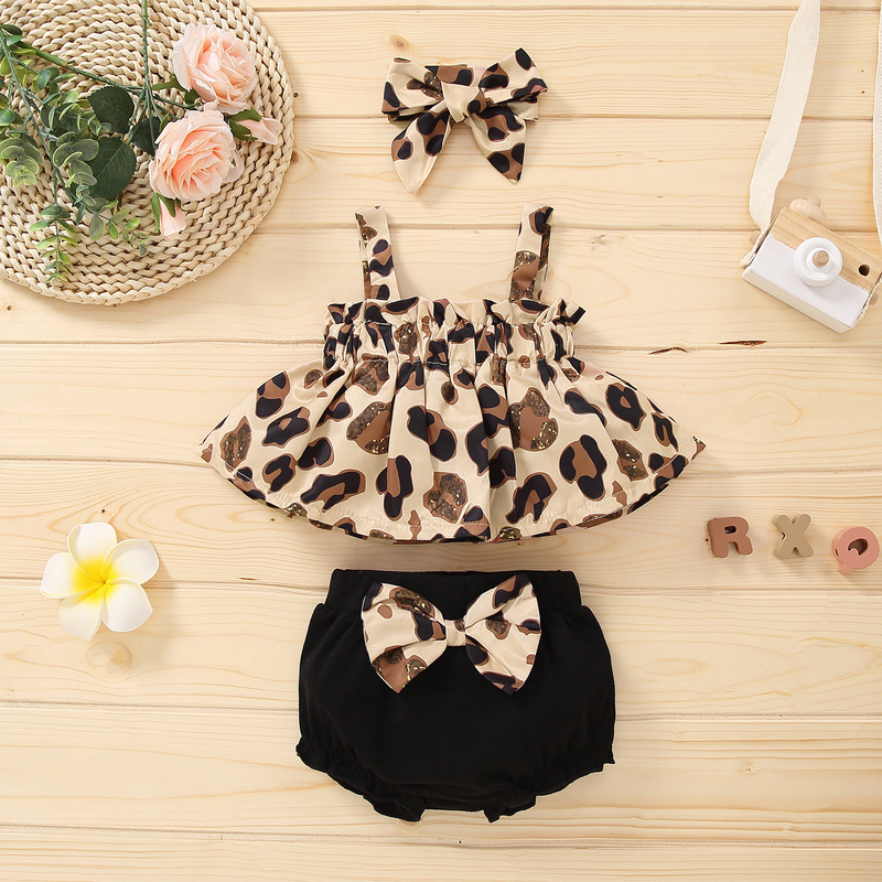 110cm 43.3in Sling Top Leopard Print Cloth Short Sleeve Pant Suit For Girls