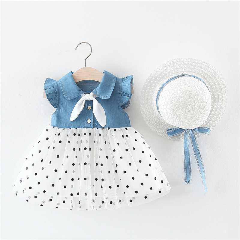 90CM 35.4in Girls Infant Blue Polka Dot Casual Summer Beach Dresses