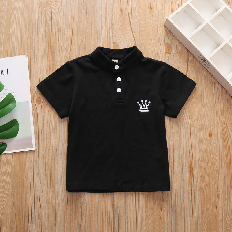 110CM Black Short Sleeve Polo Shirt Outfit Crown Embroidered For Toddler Childrens