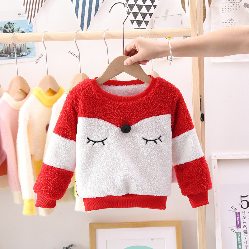 Girls Lamb Cartoon Red And White Velvet Sweaters With Foxes On Them