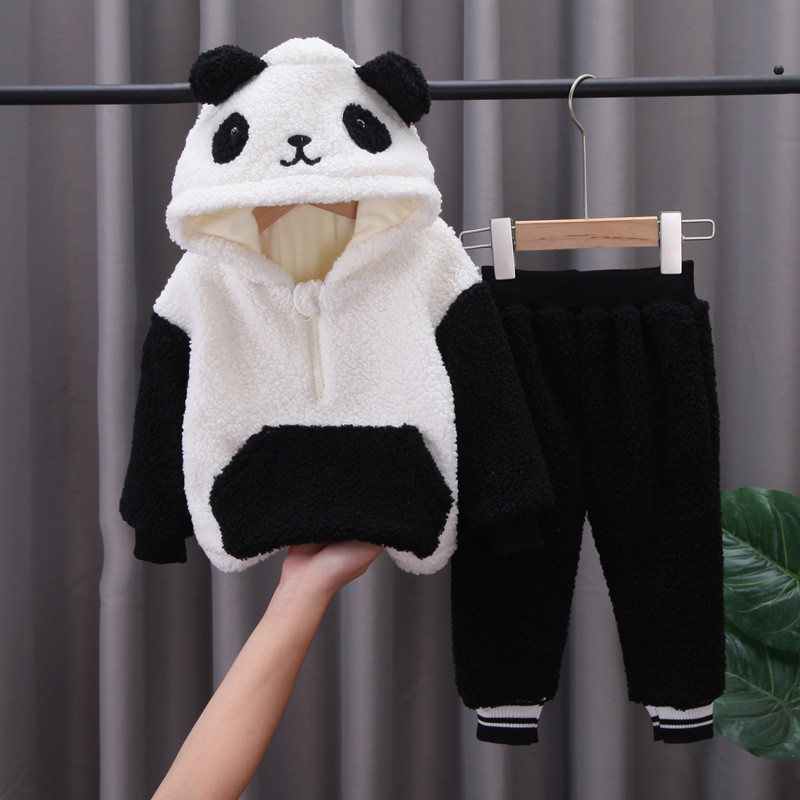 Autumn Winter Children'S Outfit Sets Lamb Cashmere Panda Hooded 2 Piece White Pantsuit