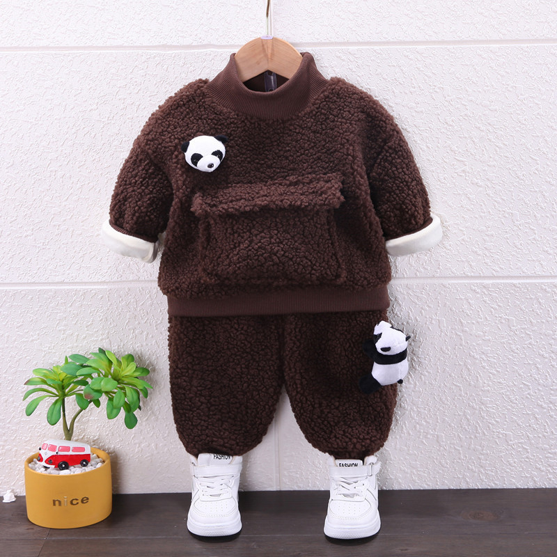 120cm Unisex Winter Children'S Clothing Lamb Wool Panda 2 Piece Sweater Pants Set