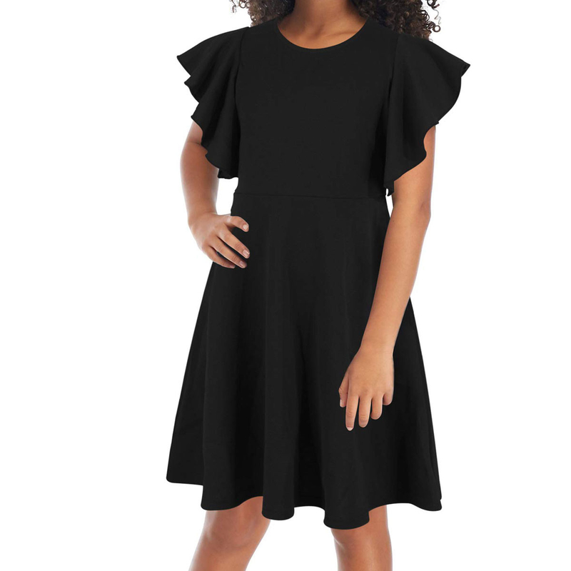Girl's Flutter Sleeve Stretchy A-Line Swing Flared Skater Party Dress with Pockets for 4-12 Years Kids Skirt Dresses