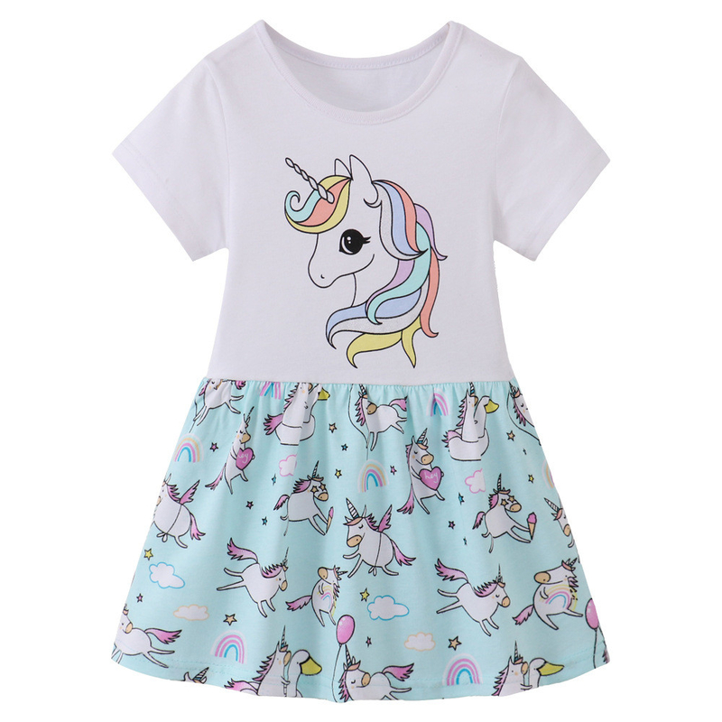 Summer Children's Clothing Cotton Fabric Dresses with Unicorn Printing Custom Wholesale Middle and Big Kids