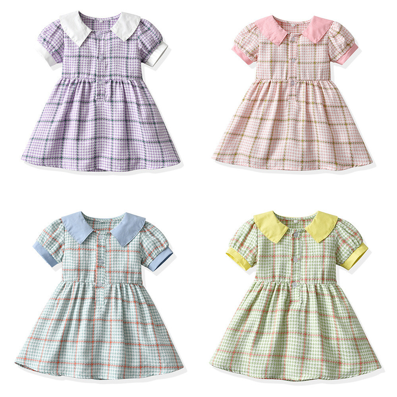 Plaid Lapel Bubble Short Sleeved Princess Dress Summer Children'S Clothing